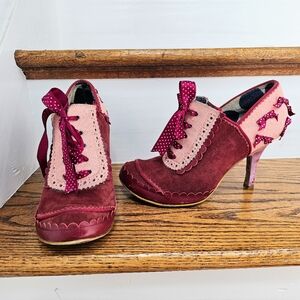 Rare Irregular Choice Pink Polkadot Lace-Up Bootie Heels